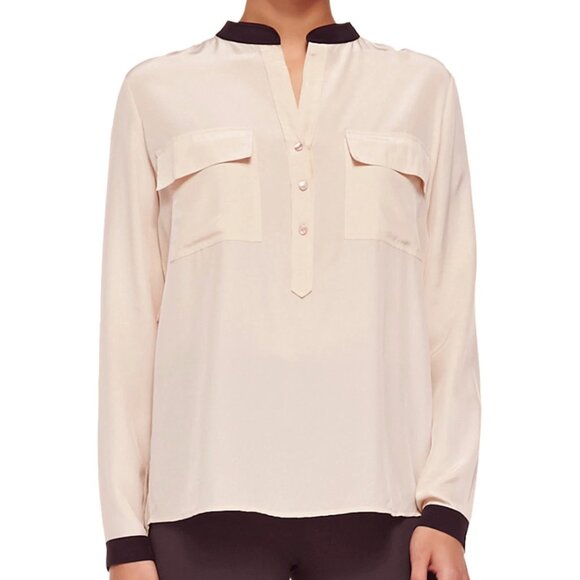 {Vince} Contrast Trim Buff Silk Blouse | Black + Cream ~ Size 2 - Picture 2 of 16